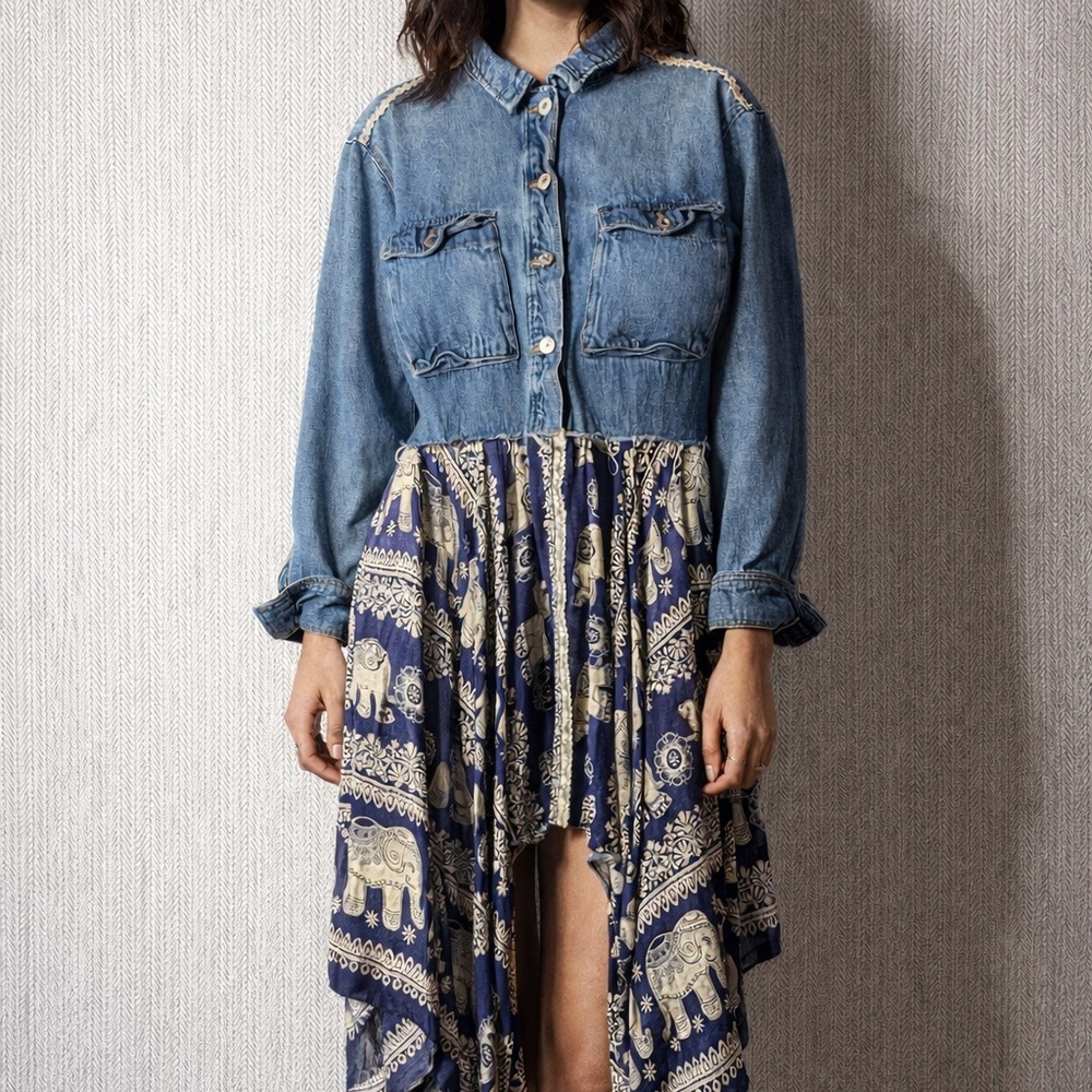 Upcycled Denim jacket with Elephant Print skirt